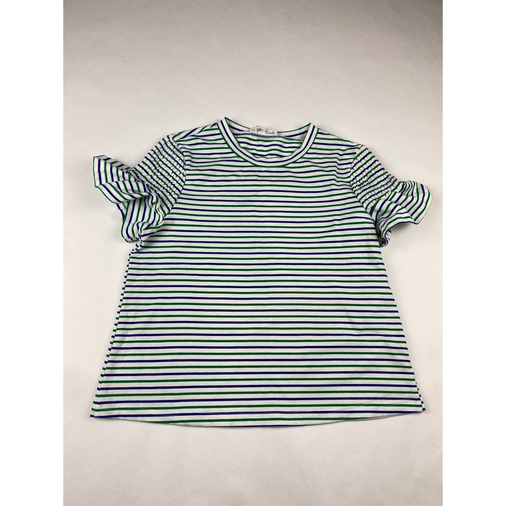 Anthropologie Striped T-Shirt Women's Size Small Blue Green Ruffle Sleeve